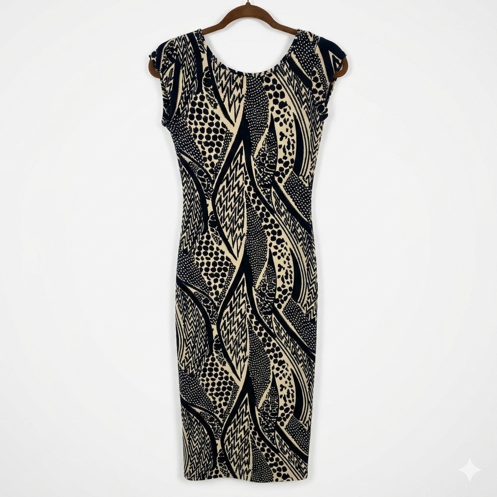 Body Central Y2K Abstract Graphic Print Bodycon Dress Scoop Back Midi Clubwear